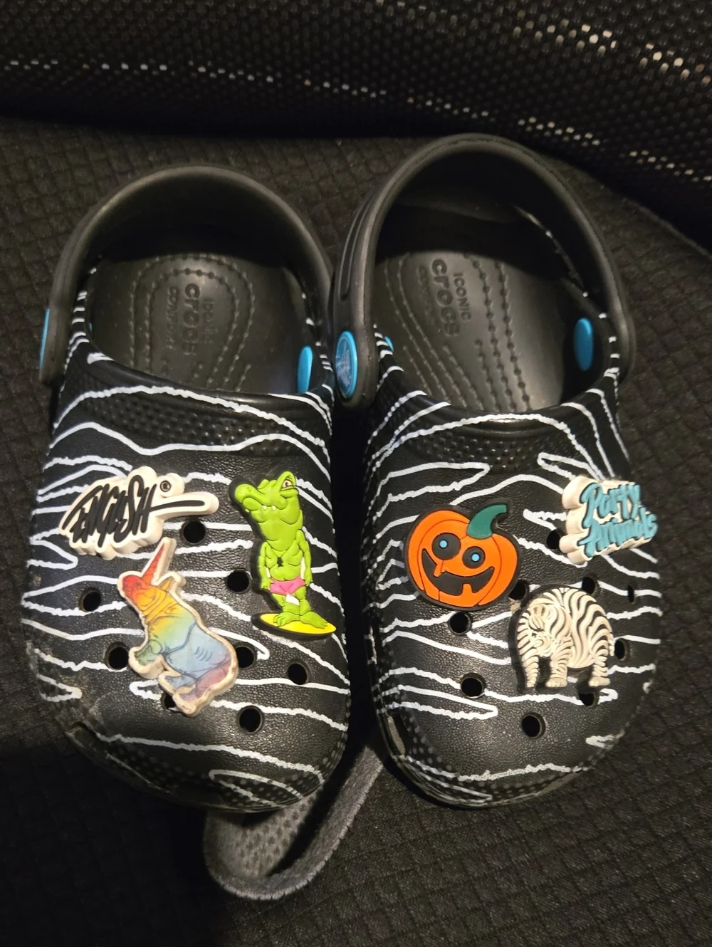 CROCS Kids Black & White Zebra-Print Clogs with Colorful Jibbitz, C8